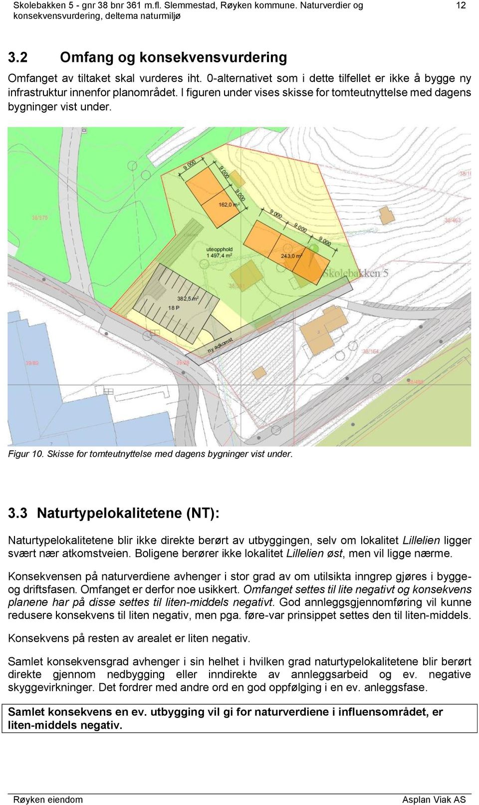 3 Naturtypelokalitetene (NT): Naturtypelokalitetene blir ikke direkte berørt av utbyggingen, selv om lokalitet Lillelien ligger svært nær atkomstveien.