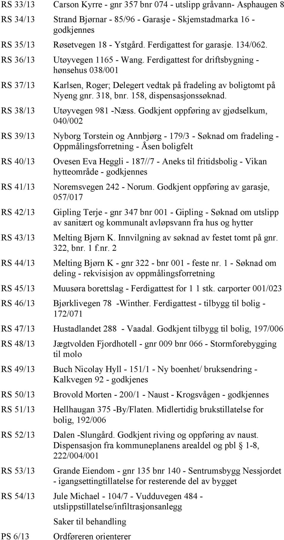 Ferdigattest for driftsbygning - hønsehus 038/001 RS 37/13 RS 38/13 Karlsen, Roger; Delegert vedtak på fradeling av boligtomt på Nyeng gnr. 318, bnr. 158, dispensasjonssøknad. Utøyvegen 981 -Næss.