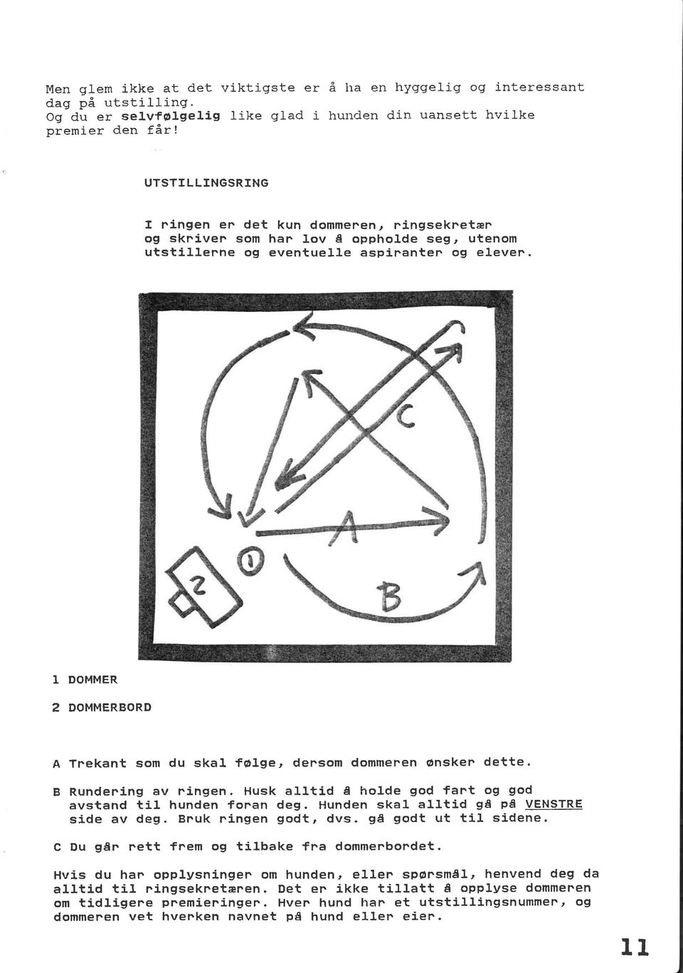 1 DOMMER 2 DOMMERBORD A Tnekant som du skal følge, densom dommenen ønsken dette. B Rundening av ningen. Husk alltid å holde god fant og god avstand til hunden fonan deg.