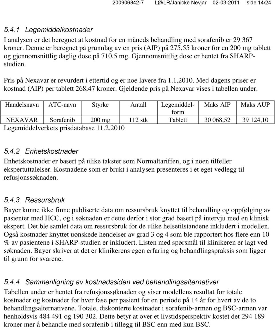 Pris på Nexavar er revurdert i ettertid og er noe lavere fra 1.1.2010. Med dagens priser er kostnad (AIP) per tablett 268,47 kroner. Gjeldende pris på Nexavar vises i tabellen under.