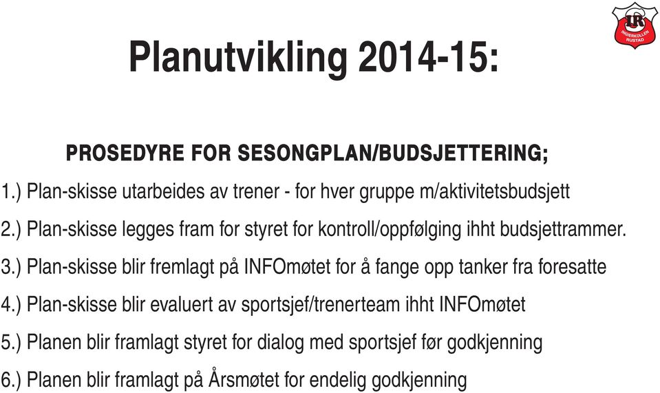 ) Plan-skisse legges fram for styret for kontroll/oppfølging ihht budsjettrammer. 3.