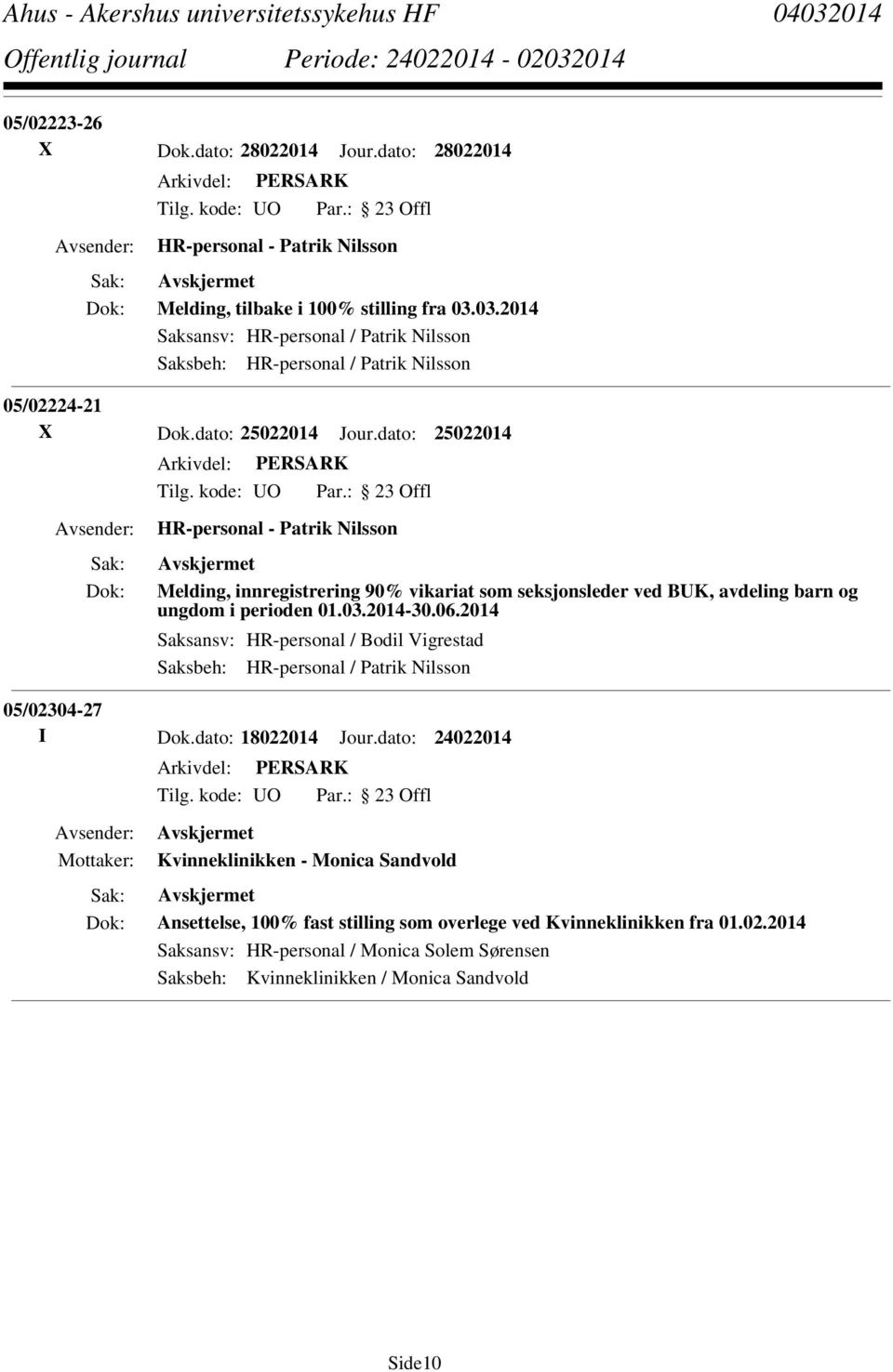dato: 25022014 HR-personal - Patrik Nilsson Melding, innregistrering 90% vikariat som seksjonsleder ved BUK, avdeling barn og ungdom i perioden 01.03.2014-30.06.