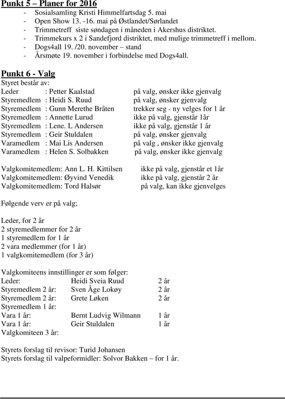 Punkt 6 - Valg Styret består av: Leder : Petter Kaalstad på valg, ønsker ikke gjenvalg Styremedlem : Heidi S.