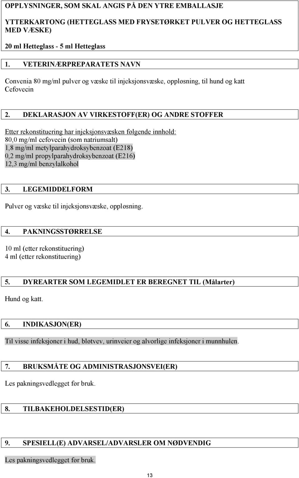 DEKLARASJON AV VIRKESTOFF(ER) OG ANDRE STOFFER Etter rekonstituering har injeksjonsvæsken følgende innhold: 80,0 mg/ml cefovecin (som natriumsalt) 1,8 mg/ml metylparahydroksybenzoat (E218) 0,2 mg/ml