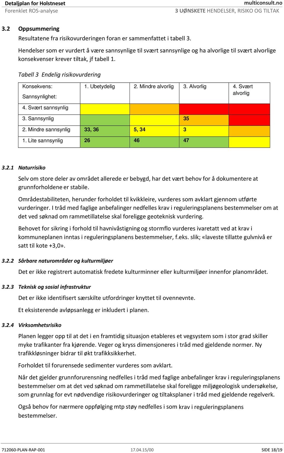 Tabell 3 Endelig risikovurdering Konsekvens: Sannsynlighet: 1. Ubetydelig 2. Mindre alvorlig 3. Alvorlig 4. Svært alvorlig 4. Svært sannsynlig 3. Sannsynlig 35 2. Mindre sannsynlig 33, 36 5, 34 3 1.