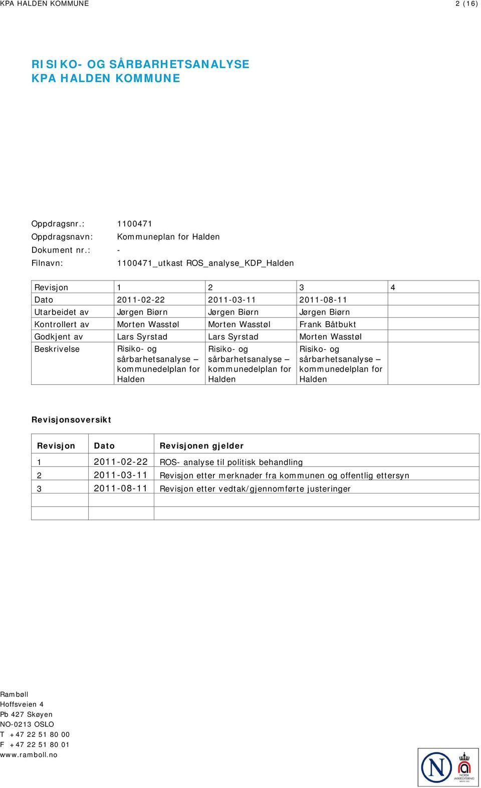 Wasstøl Frank Båtbukt Godkjent av Lars Syrstad Lars Syrstad Morten Wasstøl Beskrivelse Risiko- og sårbarhetsanalyse kommunedelplan for Halden Risiko- og sårbarhetsanalyse kommunedelplan for Halden