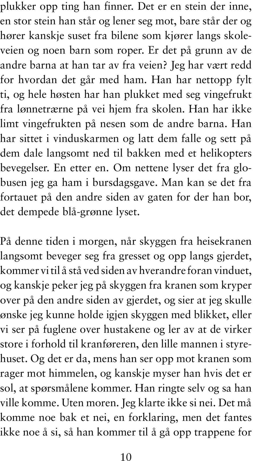 Han har nettopp fylt ti, og hele høsten har han plukket med seg vingefrukt fra lønnetrærne på vei hjem fra skolen. Han har ikke limt vingefrukten på nesen som de andre barna.