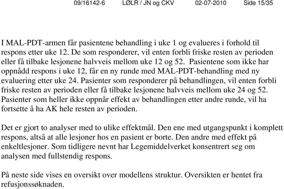 Pasientene som ikke har oppnådd respons i uke 12, får en ny runde med MAL-PDT-behandling med ny evaluering etter uke 24.