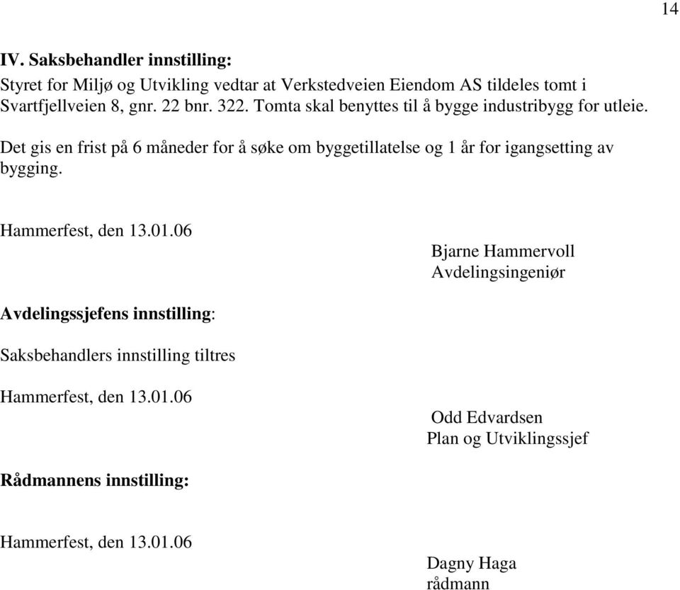 Det gis en frist på 6 måneder for å søke om byggetillatelse og 1 år for igangsetting av bygging. Hammerfest, den 13.01.