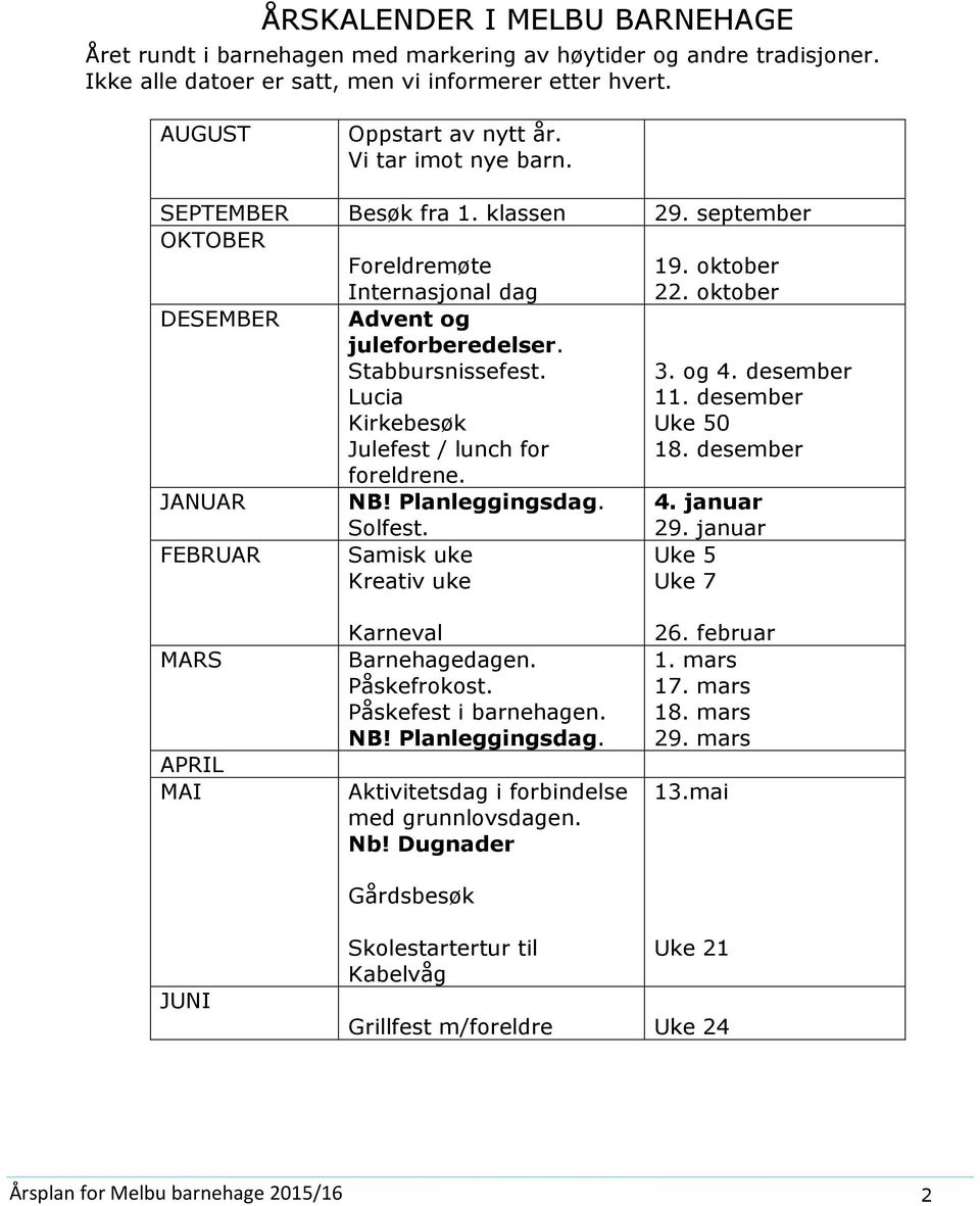 Lucia Kirkebesøk Julefest / lunch fr 3. g 4. desember 11. desember Uke 50 18. desember freldrene. JANUAR NB! Planleggingsdag. 4. januar FEBRUAR Slfest. Samisk uke Kreativ uke 29.