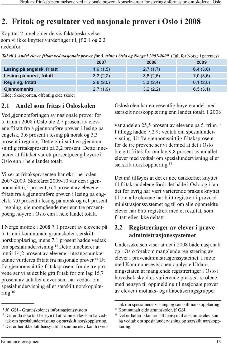 Tabell 1 Andel elever fritatt ved nasjonale prøver for 5. trinn i Oslo og Norge i 2007-2009.