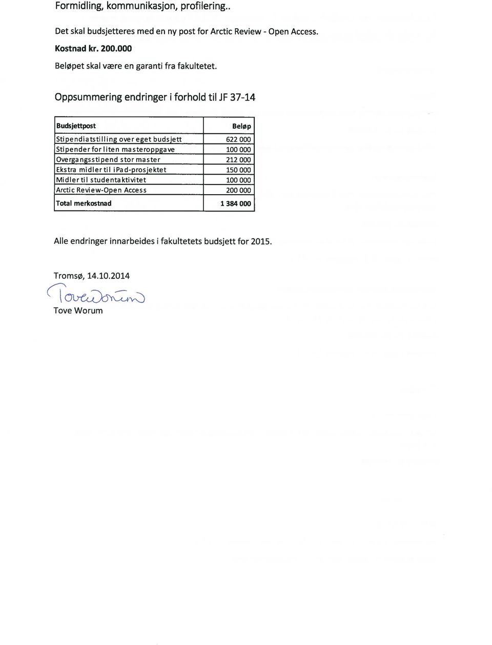 Oppsummering endringer i forhold til JF 37-14 Budsjettpost Beløp Stipendiatstilling over eget budsjett 622 000 Stipenderfor liten masteroppgave