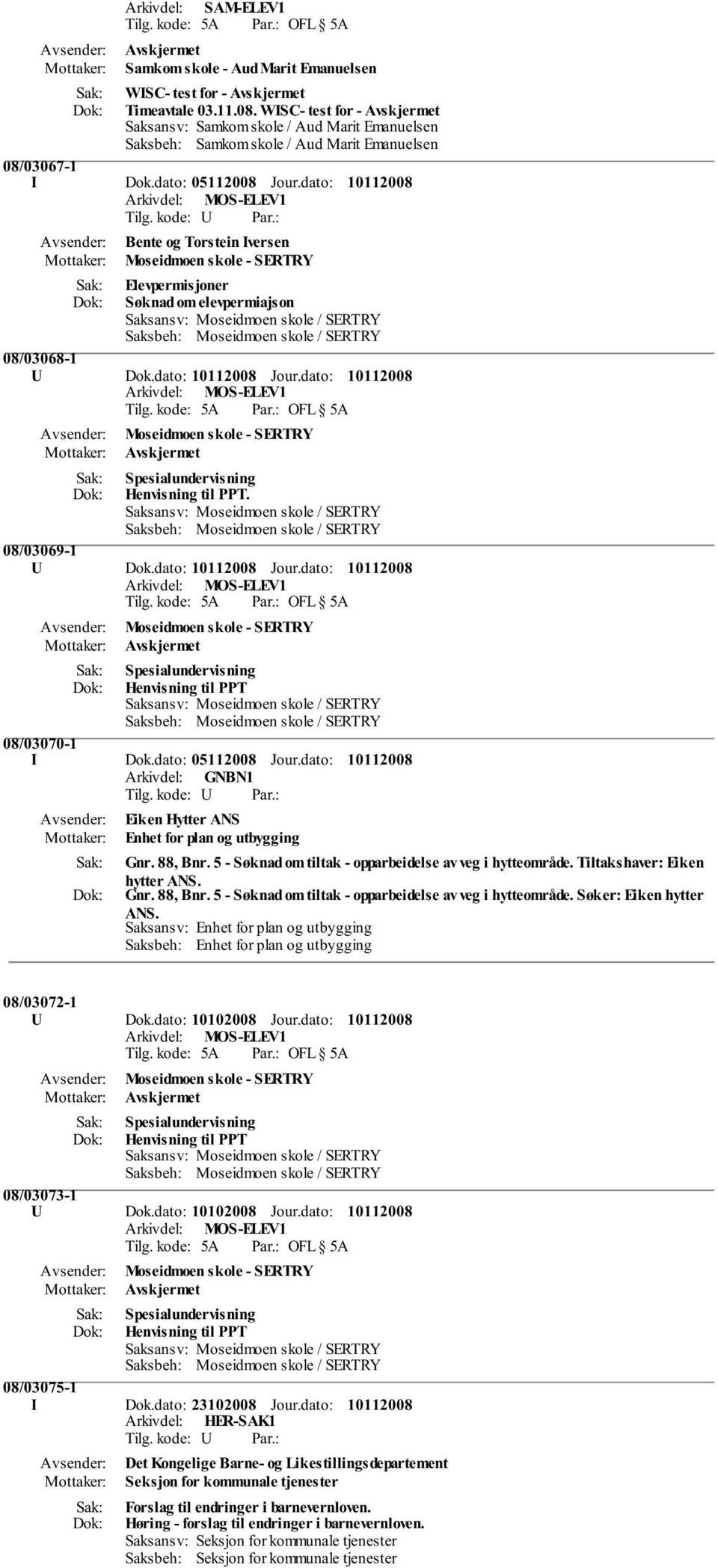 08/03069-1 U Dok.dato: Jour.dato: Moseidmoen skole - SERTRY Spesialundervisning Henvisning til PPT 08/03070-1 I Dok.dato: 05112008 Jour.dato: Eiken Hytter ANS Enhet for plan og utbygging Gnr. 88, Bnr.