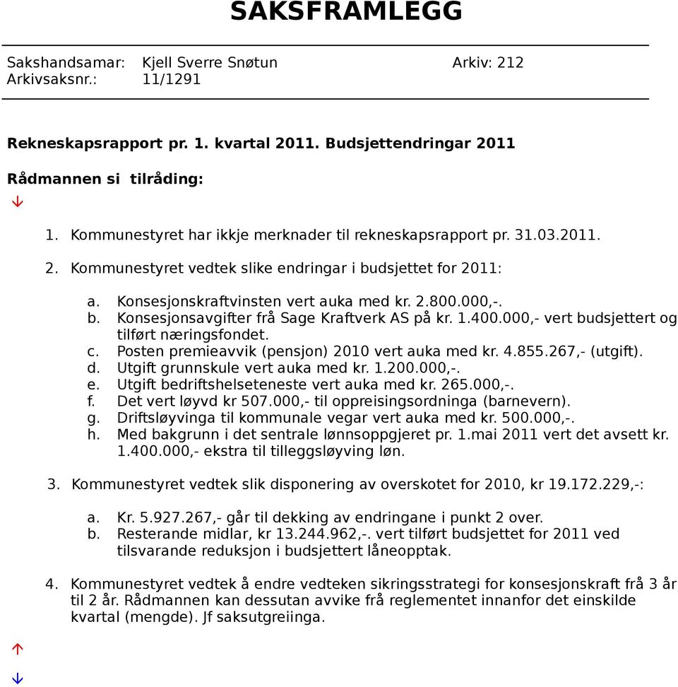 1.400.000,- vert budsjettert og tilført næringsfondet. c. Posten premieavvik (pensjon) 2010 vert auka med kr. 4.855.267,- (utgift). d. Utgift grunnskule vert auka med kr. 1.200.000,-. e.