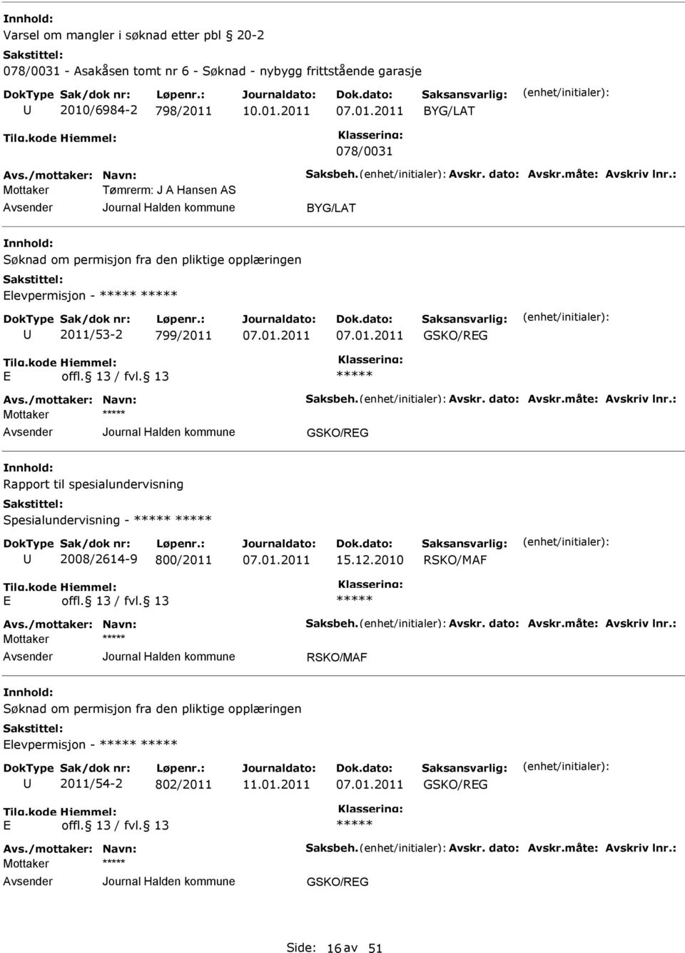 måte: Avskriv lnr.: GSKO/RG Rapport til spesialundervisning Spesialundervisning - 2008/2614-9 800/2011 15.12.2010 RSKO/MAF Avs./mottaker: Navn: Saksbeh. Avskr. dato: Avskr.måte: Avskriv lnr.: RSKO/MAF Søknad om permisjon fra den pliktige opplæringen levpermisjon - 2011/54-2 802/2011 GSKO/RG Avs.