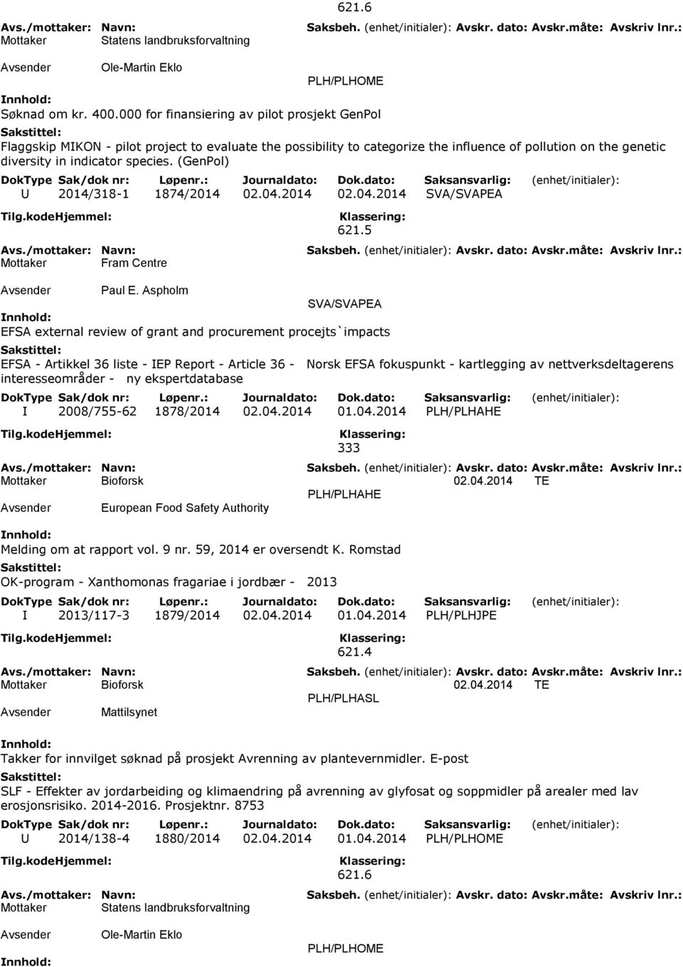 (GenPol) U 2014/318-1 1874/2014 02.04.2014 02.04.2014 SVA/SVAPEA Mottaker Fram Centre 621.5 Paul E.