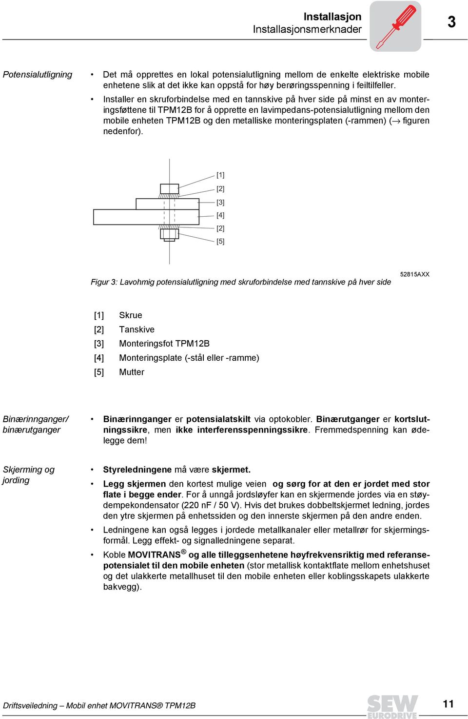 Installer en skruforbindelse med en tannskive på hver side på minst en av monteringsføttene til TPM12B for å opprette en lavimpedans-potensialutligning mellom den mobile enheten TPM12B og den