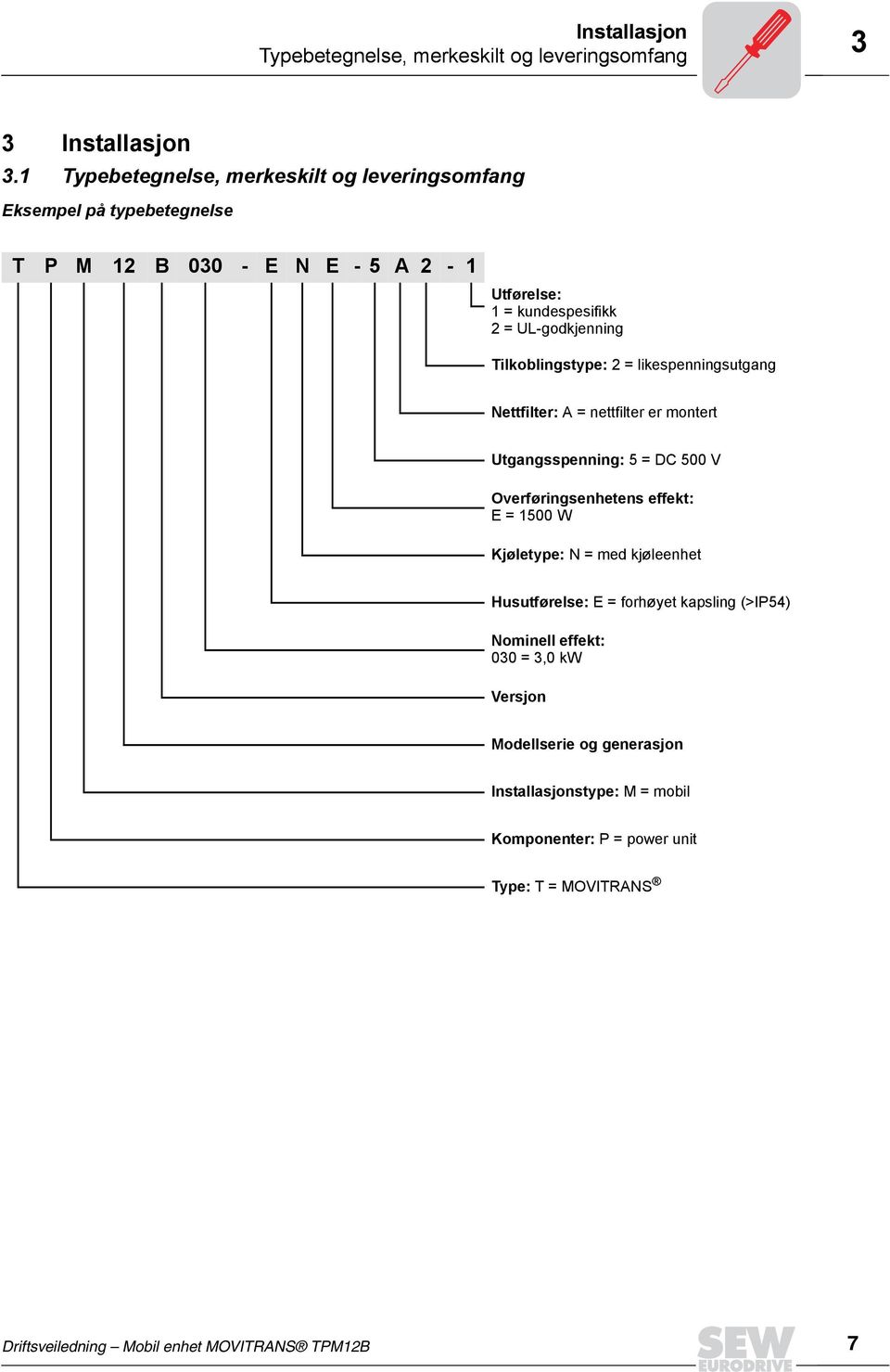 Tilkoblingstype: 2 = likespenningsutgang Nettfilter: A = nettfilter er montert Utgangsspenning: 5 = DC 500 V Overføringsenhetens effekt: E = 1500 W Kjøletype: N