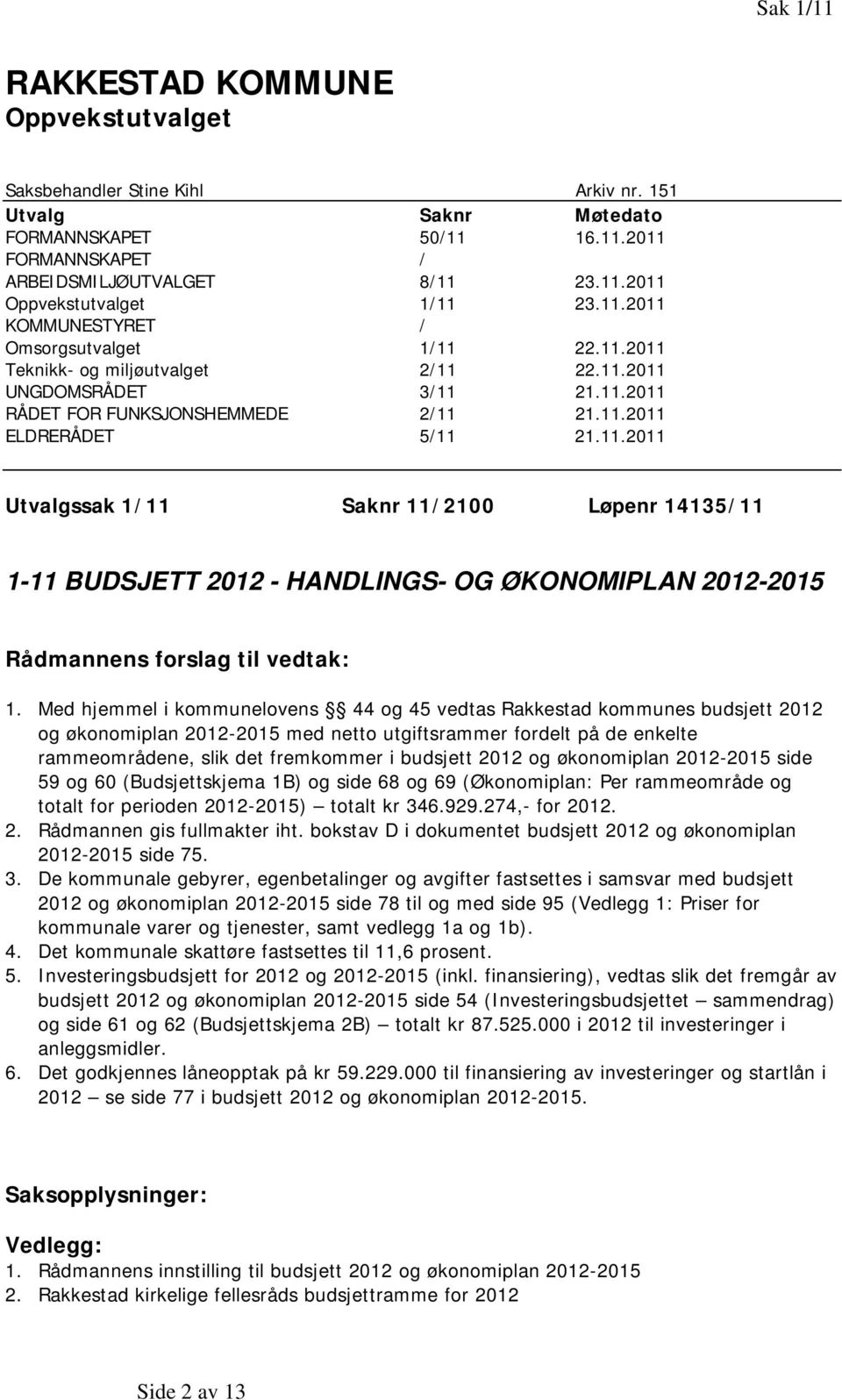 Med hjemmel i kommunelovens 44 og 45 vedtas Rakkestad kommunes budsjett 2012 og økonomiplan 2012-2015 med netto utgiftsrammer fordelt på de enkelte rammeområdene, slik det fremkommer i budsjett 2012