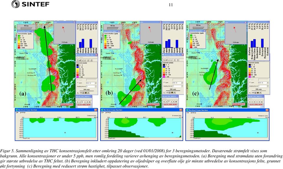 (a) Beregning med strømdata uten forandring gir største utbredelse av THC feltet.