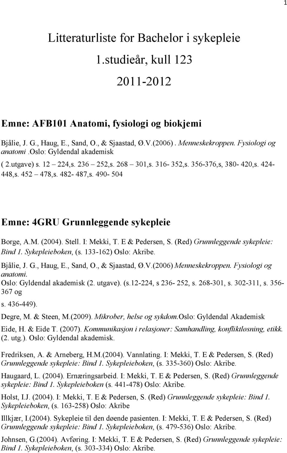 490-504 Emne: 4GRU Grunnleggende sykepleie Borge, A.M. (2004). Stell. I: Mekki, T. E & Pedersen, S. (Red) Grunnleggende sykepleie: Bind 1. Sykepleieboken, (s. 133-162) Oslo: Akribe. Bjålie, J. G., Haug, E.