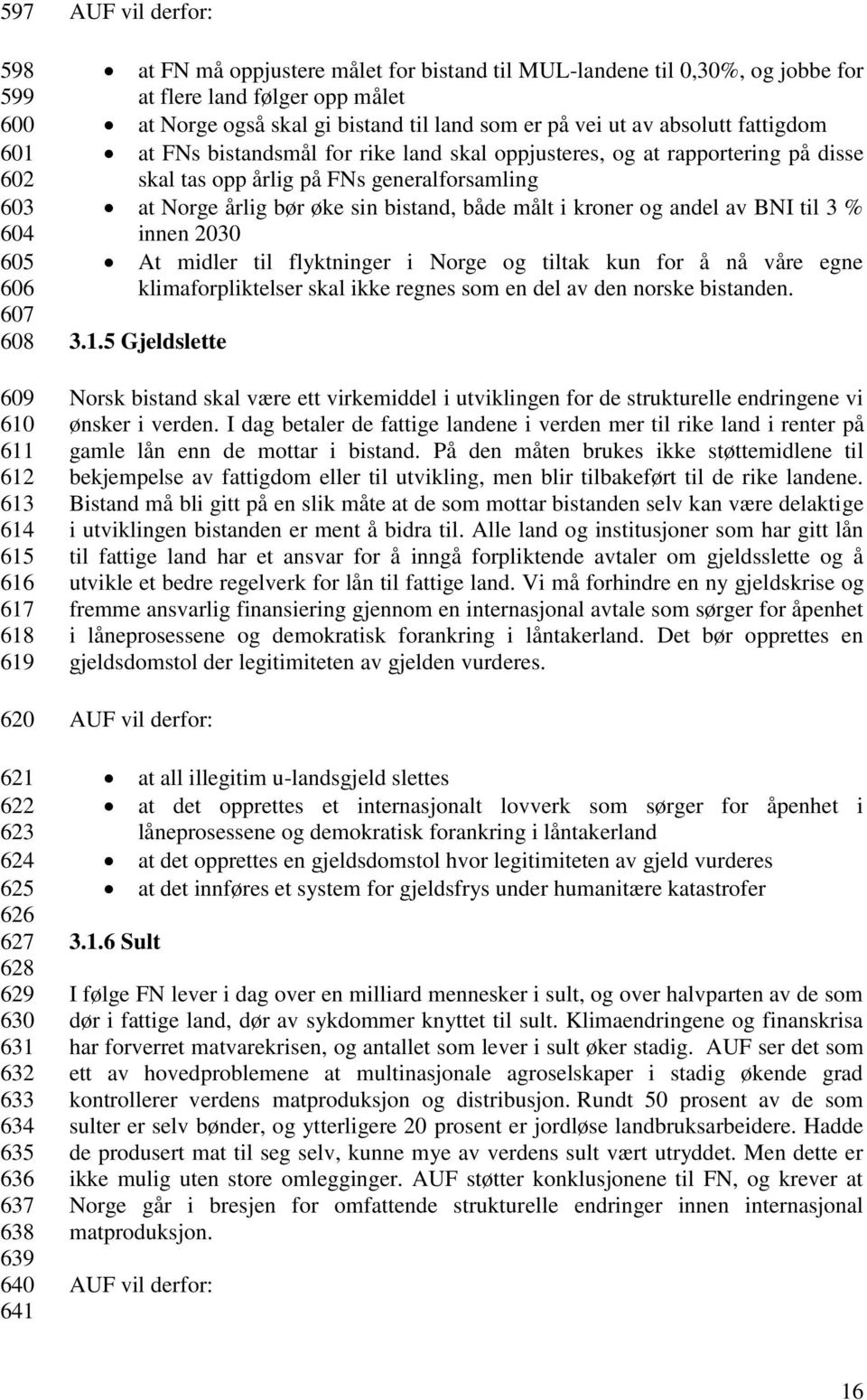 skal oppjusteres, og at rapportering på disse skal tas opp årlig på FNs generalforsamling at Norge årlig bør øke sin bistand, både målt i kroner og andel av BNI til 3 % innen 2030 At midler til