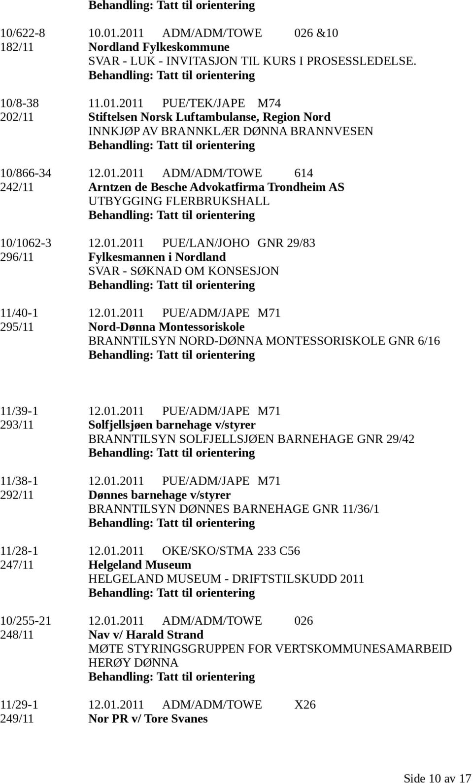 01.2011 PUE/ADM/JAPE M71 295/11 Nord-Dønna Montessoriskole BRANNTILSYN NORD-DØNNA MONTESSORISKOLE GNR 6/16 11/39-1 12.01.2011 PUE/ADM/JAPE M71 293/11 Solfjellsjøen barnehage v/styrer BRANNTILSYN SOLFJELLSJØEN BARNEHAGE GNR 29/42 11/38-1 12.
