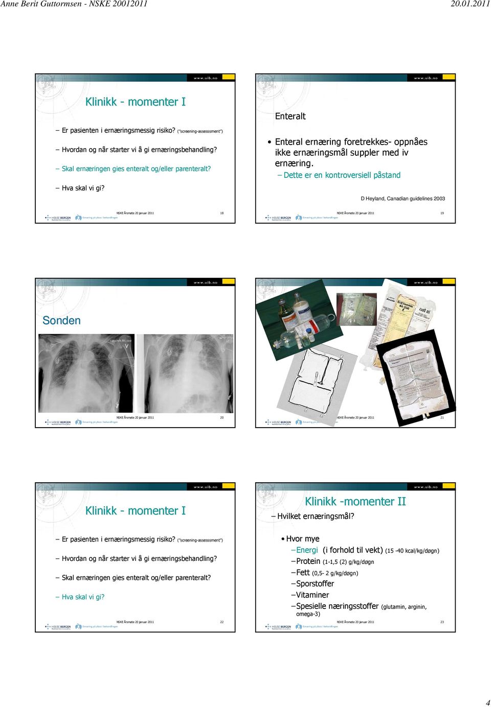 D Heyland, Canadian guidelines 2003 NSKE Årsmøte 20 januar 2011 18 NSKE Årsmøte 20 januar 2011 19 Sonden NSKE Årsmøte 20 januar 2011 20 NSKE Årsmøte 20 januar 2011 21 Klinikk - momenter I Klinikk