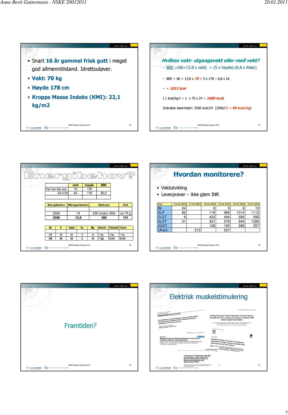 8 x Alder) BEE = 66 + 13,8 x 70 + 5 x 178 6,8 x 16 = 1813 kcal ( 1 kcal/kg/t = 1 x 70 x 24 = 1680 kcal) Indirekte kalorimetri: 2560 kcal/24 (2560/64 = 40 kcal/kg) NSKE Årsmøte 20 januar 2011 36 NSKE