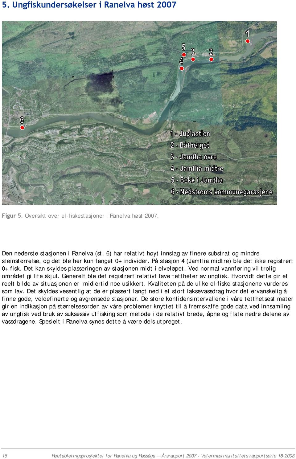 Det kan skyldes plasseringen av stasjonen midt i elveløpet. Ved normal vannføring vil trolig området gi lite skjul. Generelt ble det registrert relativt lave tettheter av ungfisk.