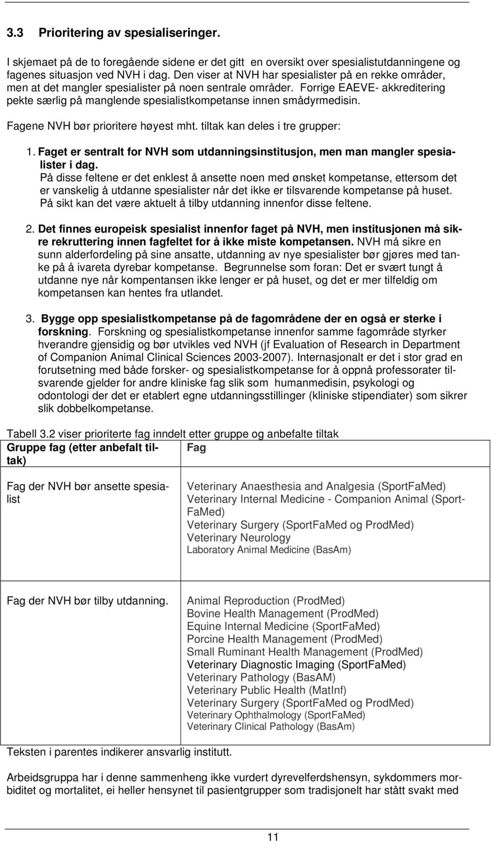 Forrige EAEVE- akkreditering pekte særlig på manglende spesialistkompetanse innen smådyrmedisin. Fagene NVH bør prioritere høyest mht. tiltak kan deles i tre grupper: 1.