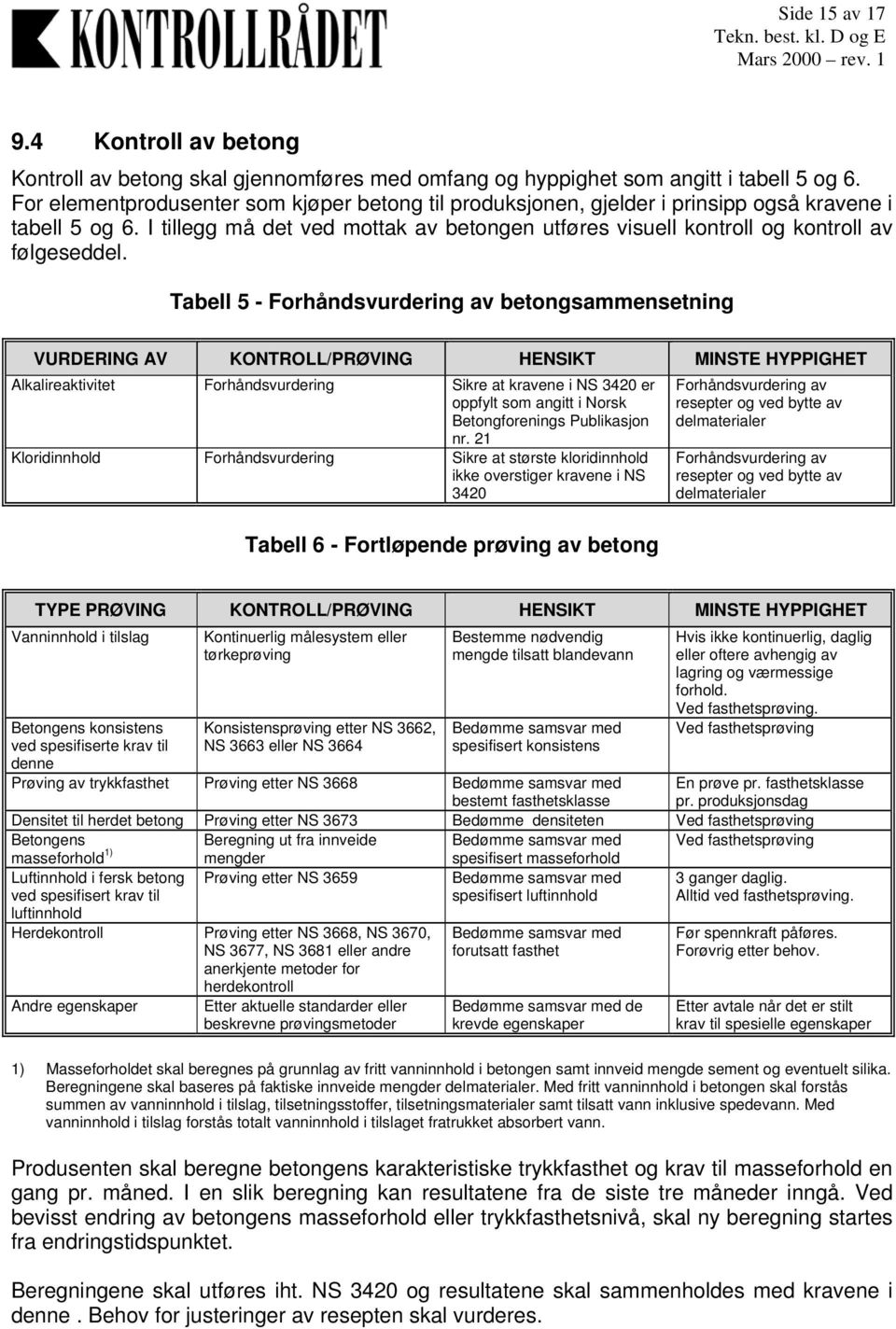 Tabell 5 - Forhåndsvurdering av betongsammensetning VURDERING AV KONTROLL/PRØVING HENSIKT MINSTE HYPPIGHET Alkalireaktivitet Forhåndsvurdering Sikre at kravene i NS 3420 er oppfylt som angitt i Norsk