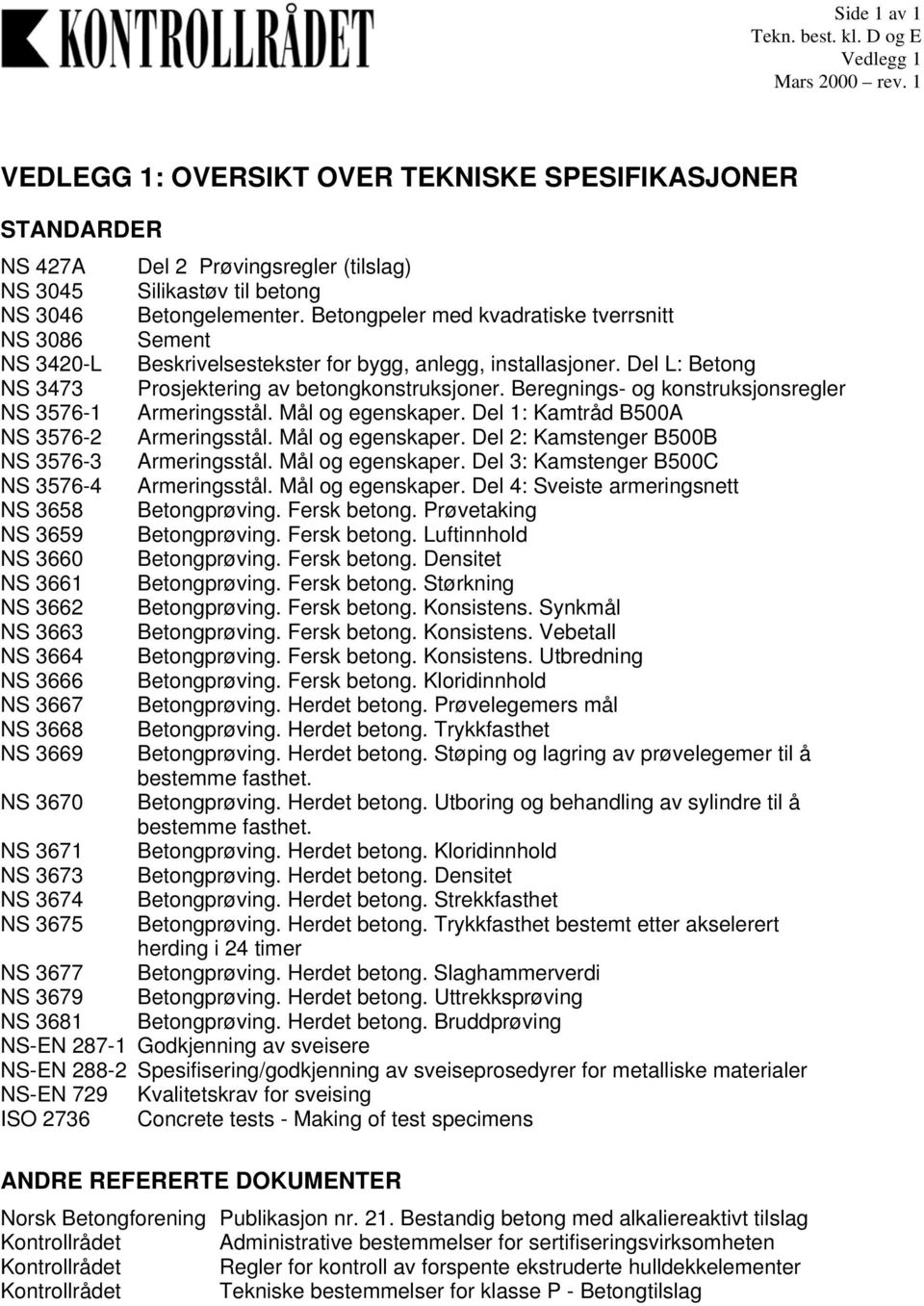 Beregnings- og konstruksjonsregler NS 3576-1 Armeringsstål. Mål og egenskaper. Del 1: Kamtråd B500A NS 3576-2 Armeringsstål. Mål og egenskaper. Del 2: Kamstenger B500B NS 3576-3 Armeringsstål.