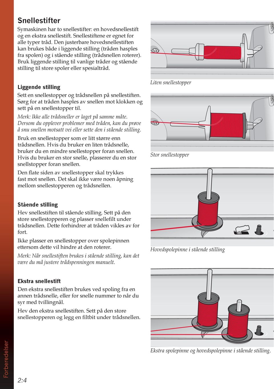 Bruk liggende stilling til vanlige tråder og stående stilling til store spoler eller spesialtråd. Liggende stilling Sett en snellestopper og trådsnellen på snellestiften.