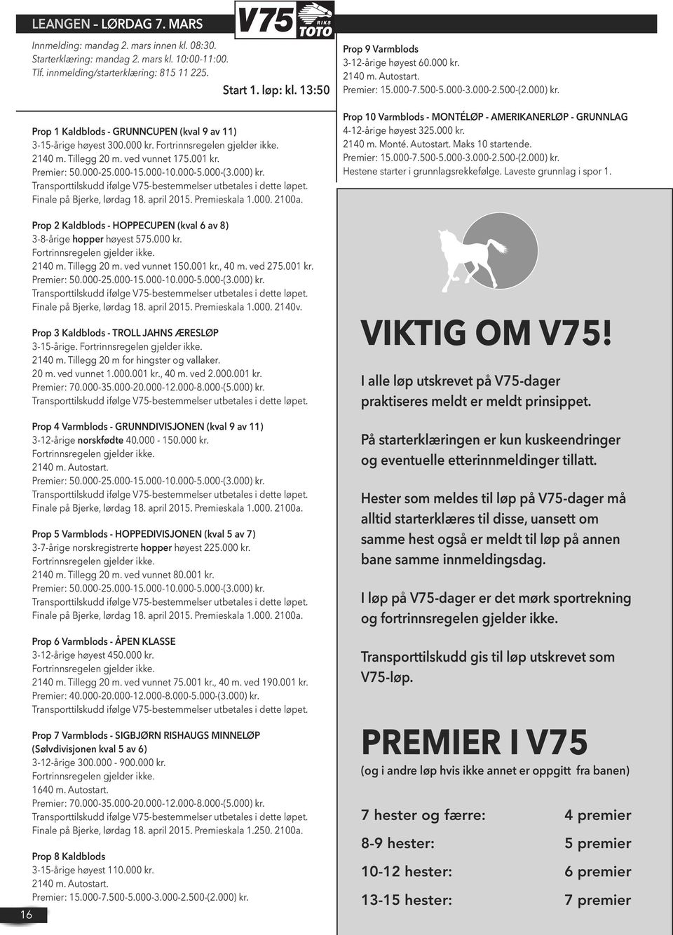 Finale på, lørdag 18. april 2015. Premieskala 1.000. 2100a. Prop 2 Kaldblods - HOPPECUPEN (kval 6 av 8) 3-8-årige hopper høyest 575.000 kr. 2140 m. Tillegg 20 m. ved vunnet 150.001 kr., 40 m. ved 275.