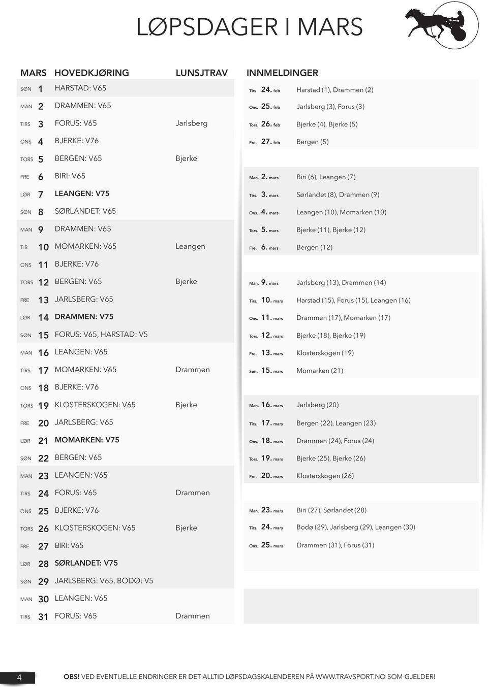 mars Bergen (12) BJERKE: V76 BERGEN: JARLSBERG: DRAMMEN: V75 FORUS:, HARSTAD: V5 LEANGEN: MOMARKEN: Drammen BJERKE: V76 KLOSTERSKOGEN: JARLSBERG: MOMARKEN: V75 BERGEN: LEANGEN: FORUS: Drammen BJERKE: