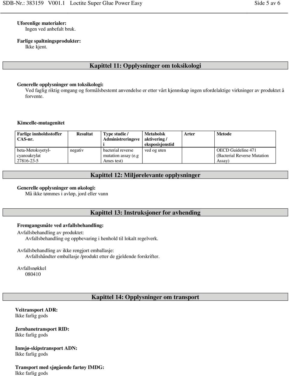 produktet å forvente. Kimcelle-mutagenitet Farlige innholdsstoffer CAS-nr.