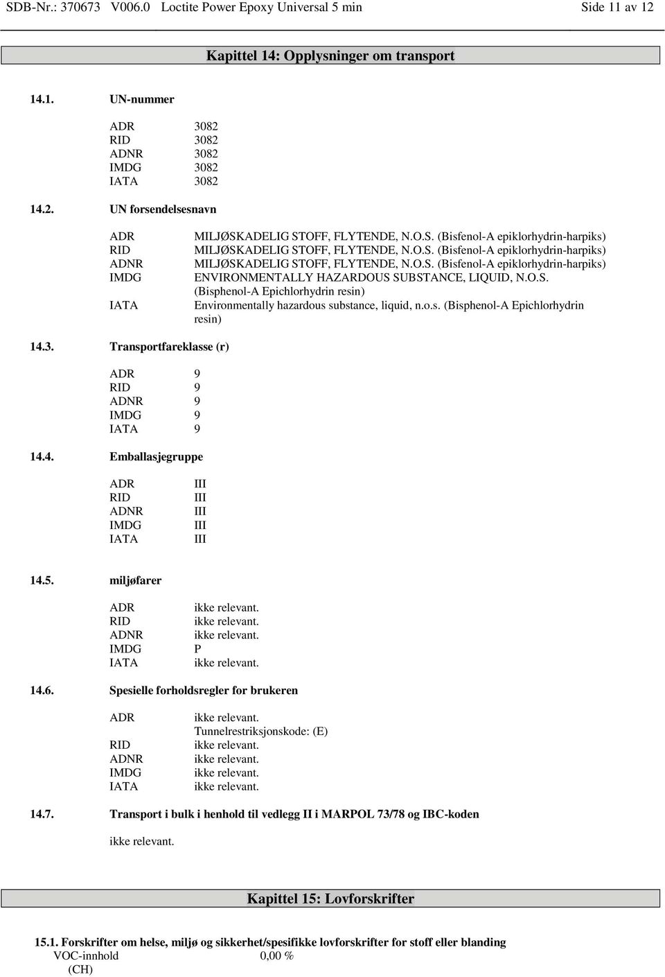 O.S. (Bisphenol-A Epichlorhydrin resin) Environmentally hazardous substance, liquid, n.o.s. (Bisphenol-A Epichlorhydrin resin) 14.3. Transportfareklasse (r) ADR 9 RID 9 ADNR 9 IMDG 9 IATA 9 14.4. Emballasjegruppe ADR RID ADNR IMDG IATA III III III III III 14.