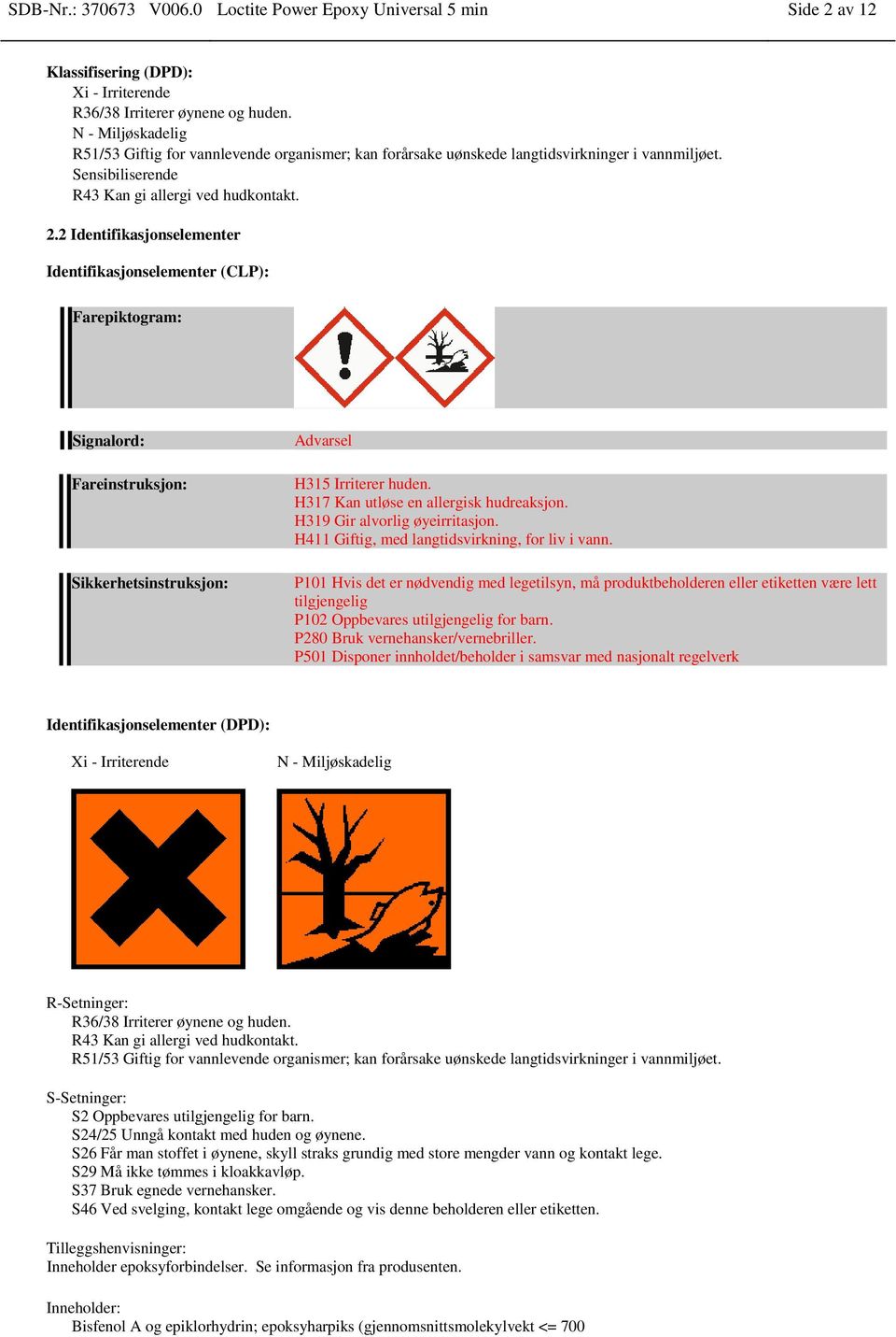 2 Identifikasjonselementer Identifikasjonselementer (CLP): Farepiktogram: Signalord: Fareinstruksjon: Sikkerhetsinstruksjon: Advarsel H315 Irriterer huden. H317 Kan utløse en allergisk hudreaksjon.