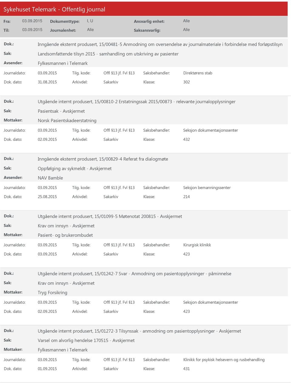 2015 Arkivdel: Sakarkiv 302 Utgående internt produsert, 15/00810-2 Erstatningssak 2015/00873 - relevante journalopplysninger Pasientsak - Norsk Pasientskadeerstatning Dok. dato: 02.09.