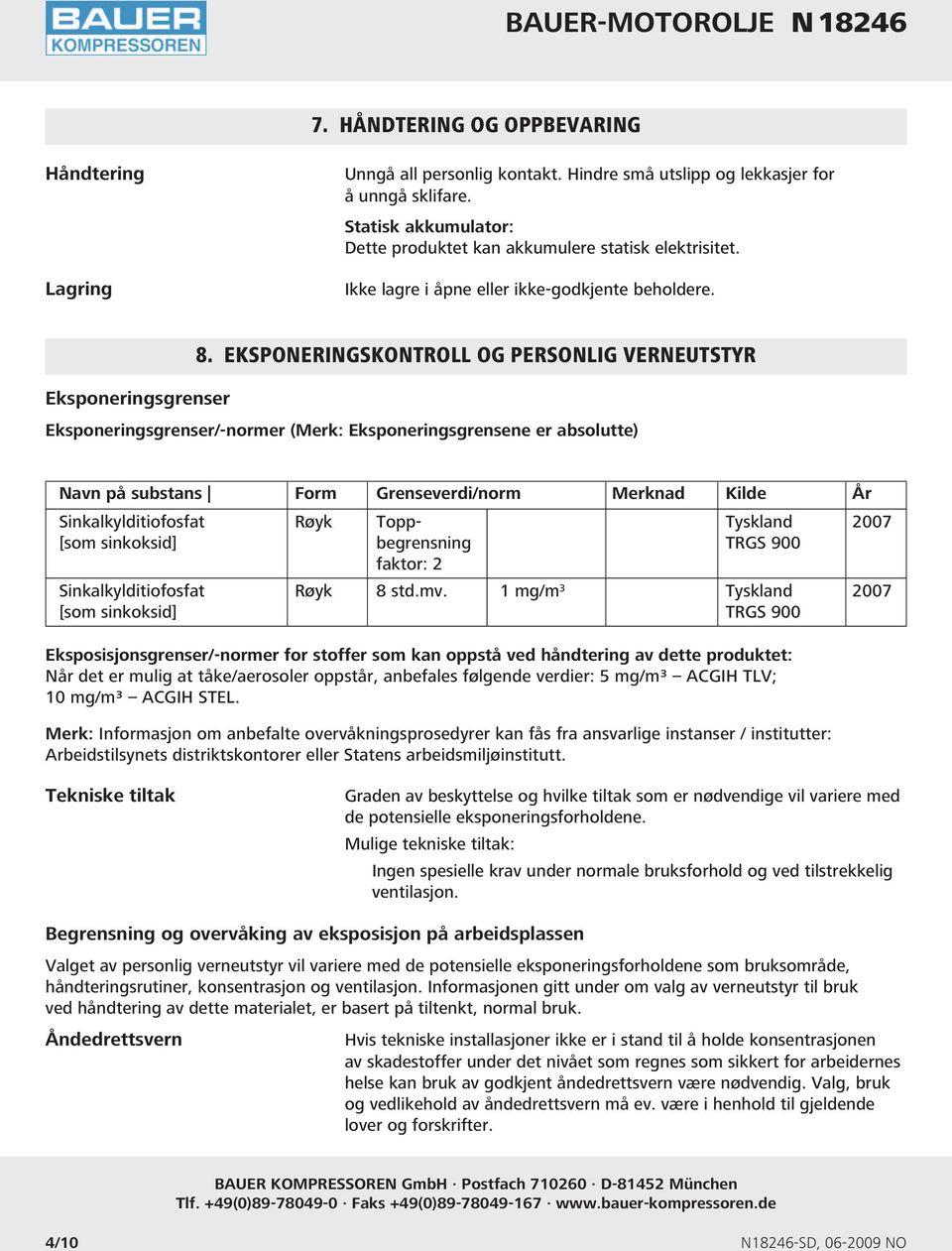 EKSPONERINGSKONTROLL OG PERSONLIG VERNEUTSTYR Eksponeringsgrenser/-normer (Merk: Eksponeringsgrensene er absolutte) Navn på substans Form Grenseverdi/norm Merknad Kilde År Sinkalkylditiofosfat Røyk