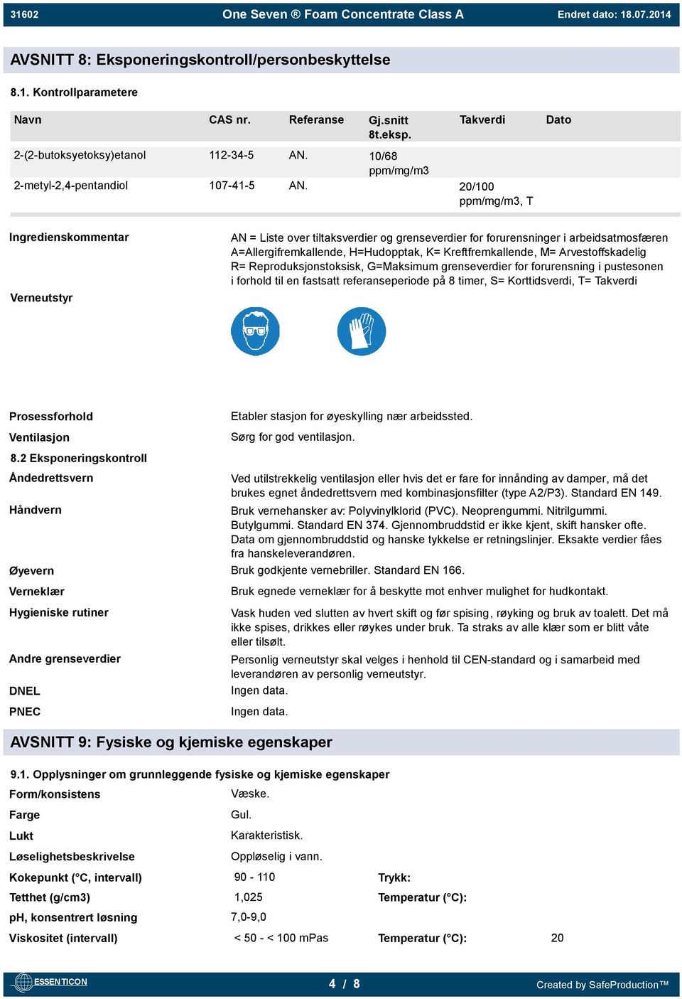 20/100 ppm/mg/m3, T Ingredienskommentar Verneutstyr AN = Liste over tiltaksverdier og grenseverdier for forurensninger i arbeidsatmosfæren A=Allergifremkallende, H=Hudopptak, K= Kreftfremkallende, M=