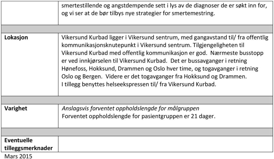 Tilgjengeligheten til Vikersund Kurbad med offentlig kommunikasjon er god. Nærmeste busstopp er ved innkjørselen til Vikersund Kurbad.