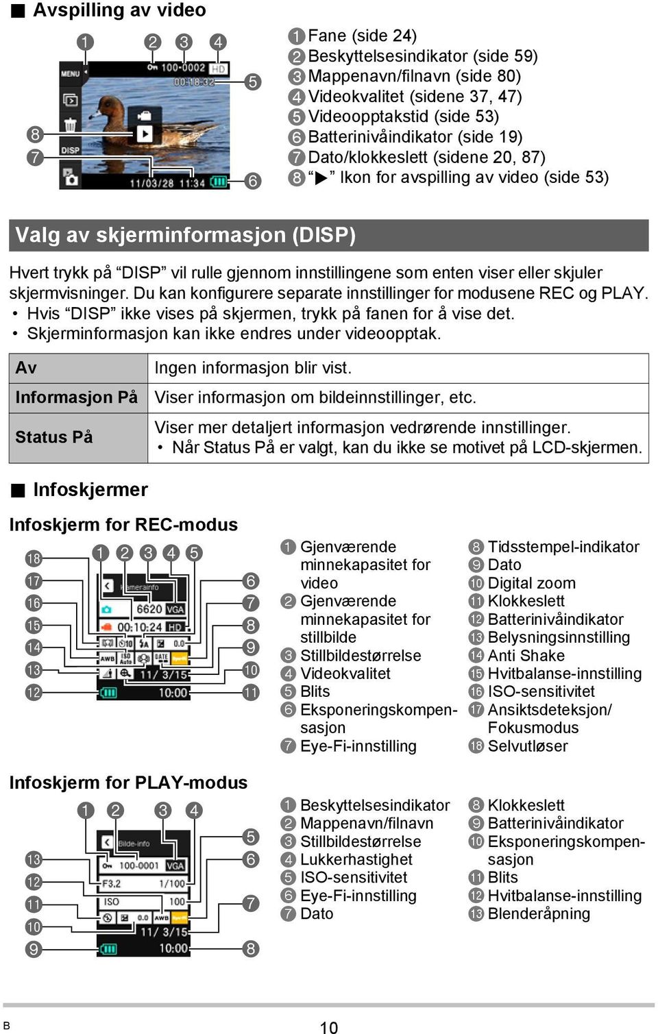 skjuler skjermvisninger. Du kan konfigurere separate innstillinger for modusene REC og PLAY. Hvis DISP ikke vises på skjermen, trykk på fanen for å vise det.