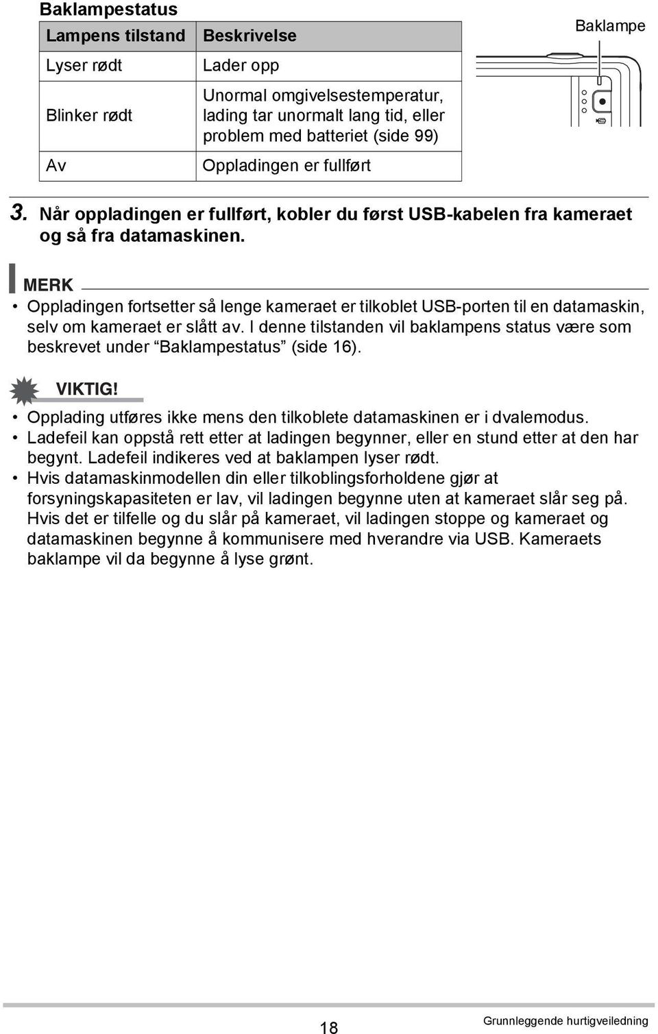 Oppladingen fortsetter så lenge kameraet er tilkoblet USB-porten til en datamaskin, selv om kameraet er slått av.