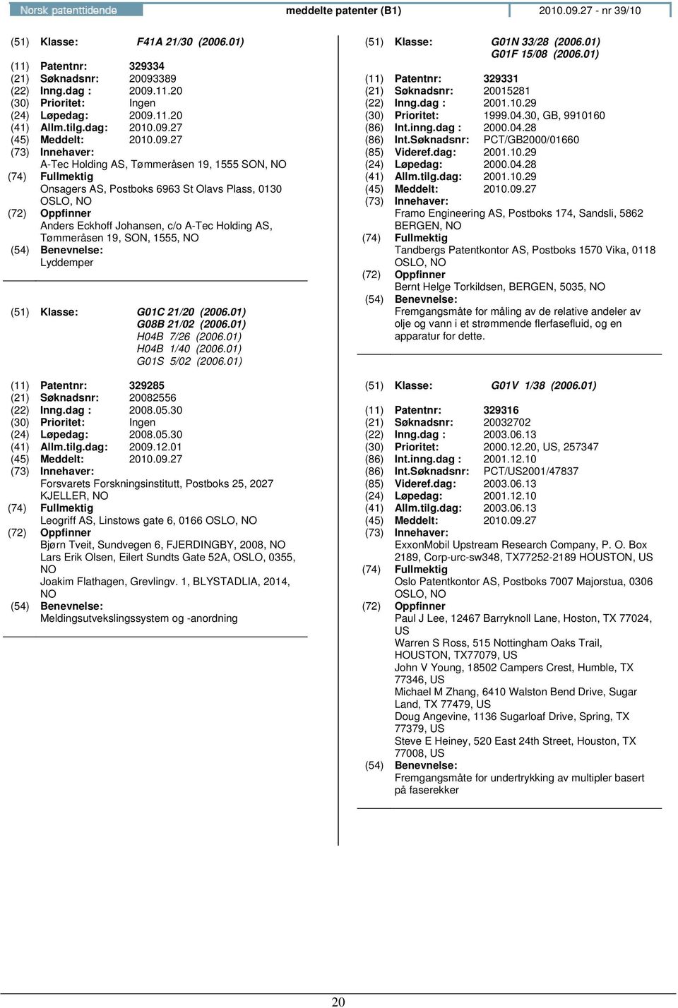 27 A-Tec Holding AS, Tømmeråsen 19, 1555 SON, Onsagers AS, Postboks 6963 St Olavs Plass, 0130 OSLO, Anders Eckhoff Johansen, c/o A-Tec Holding AS, Tømmeråsen 19, SON, 1555, Lyddemper (51) Klasse: