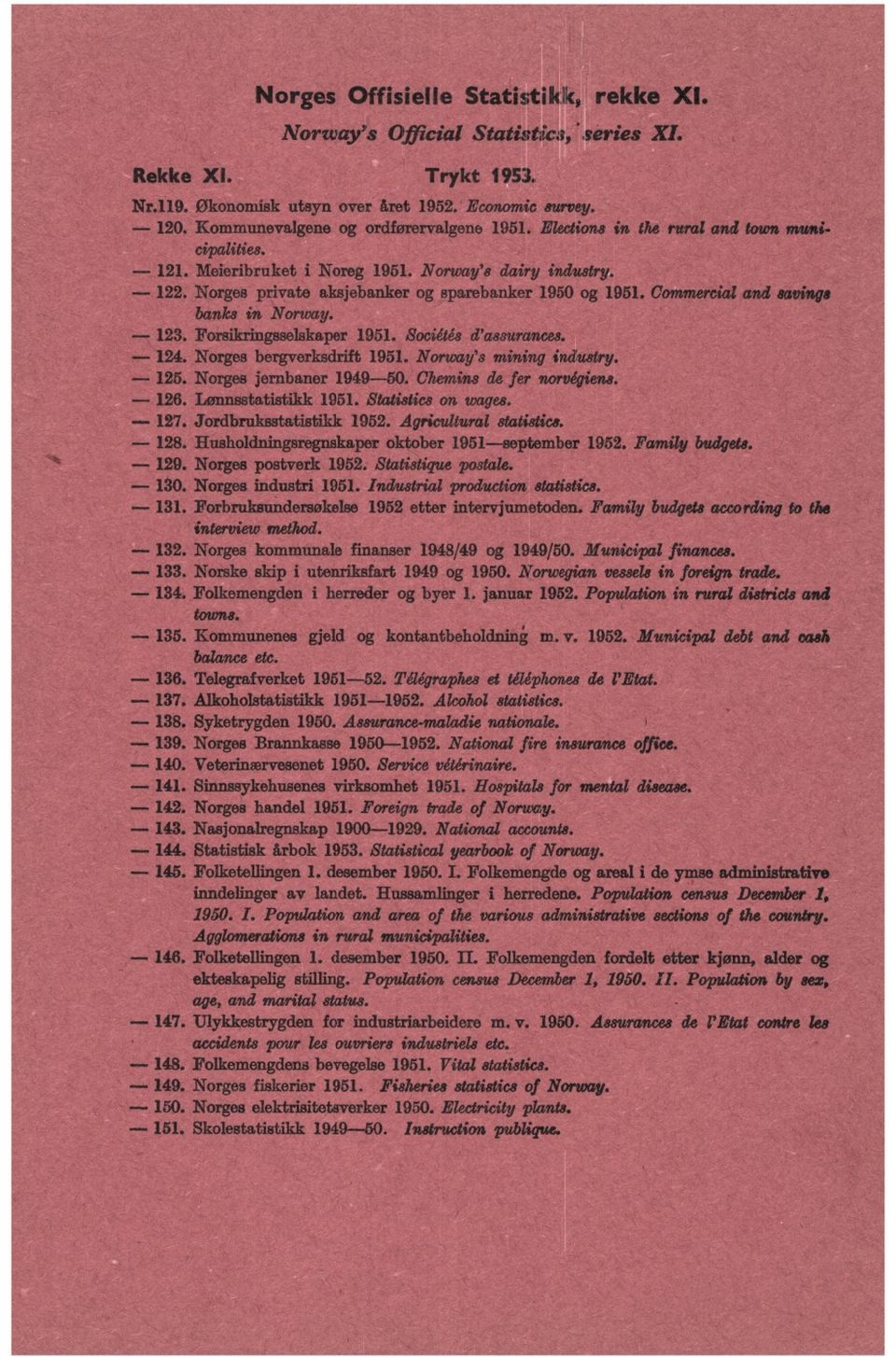 . Forsikringsselskaper 9. Sociétés d'assurances.. Norges bergverksdrift 9. Norway's mining industry.. Norges jernbaner 99-0. Chemins de fer norvégiens.. Lønnsstatistikk 9. Statistics on wages. 7.