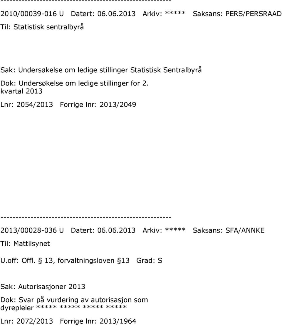 Dok: Undersøkelse om ledige stillinger for 2. kvartal 2013 Lnr: 2054/2013 Forrige lnr: 2013/2049 2013/00028-036 U Datert: 06.