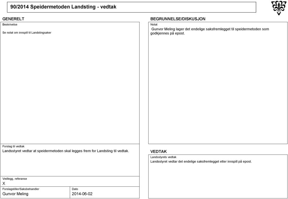 epost. Landsstyret vedtar at speidermetoden skal legges frem for Landsting til vedtak.