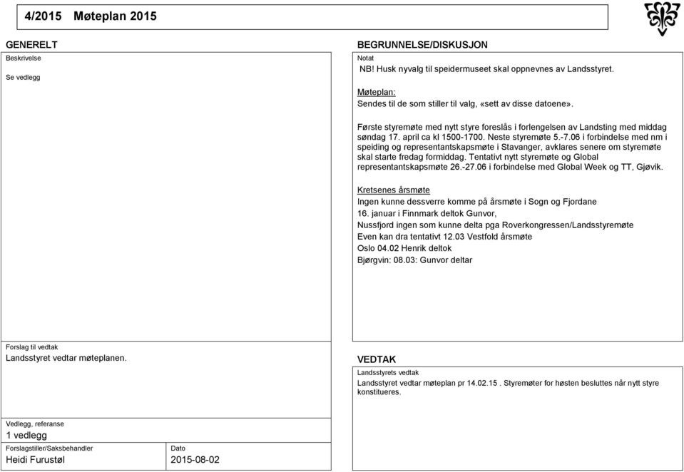 06 i forbindelse med nm i speiding og representantskapsmøte i Stavanger, avklares senere om styremøte skal starte fredag formiddag. Tentativt nytt styremøte og Global representantskapsmøte 26.-27.